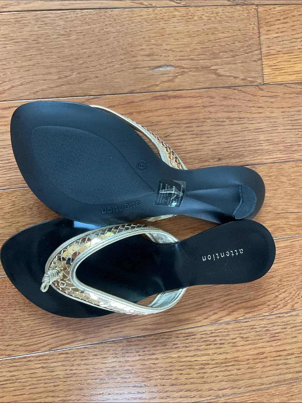 Attention,  Black Thong Sandals with Gold Braided Trim NWOT Sz 6